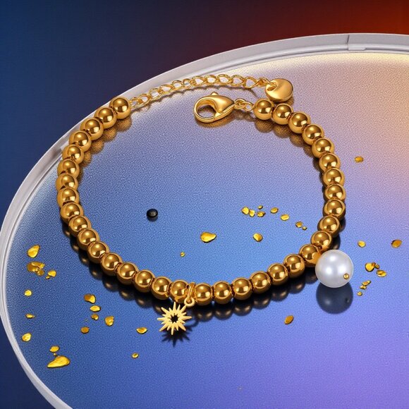 18K Gold Plated Stainless Steel Beaded Bracelet with Sun & Pearl Charms ✨ - Picture 6 of 15